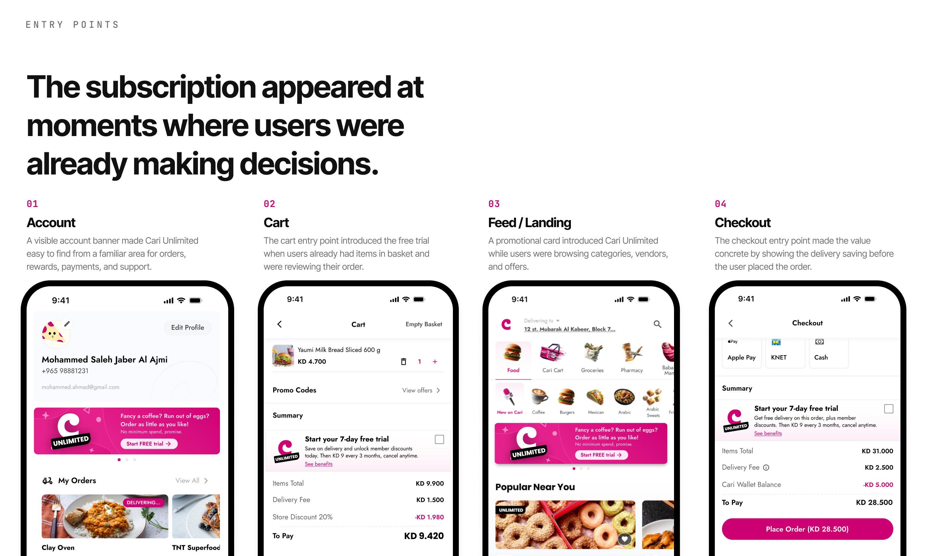 Cari Unlimited entry points across checkout, account, promotional cards, and plan detail screens.