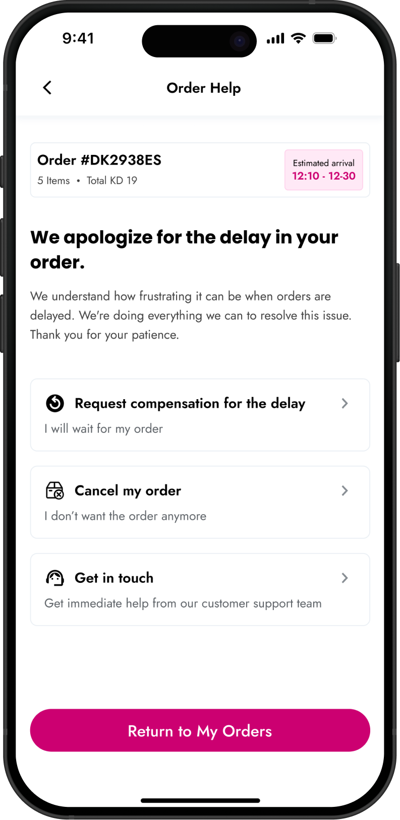 Order Help mobile interface showing self-service delivery issue options